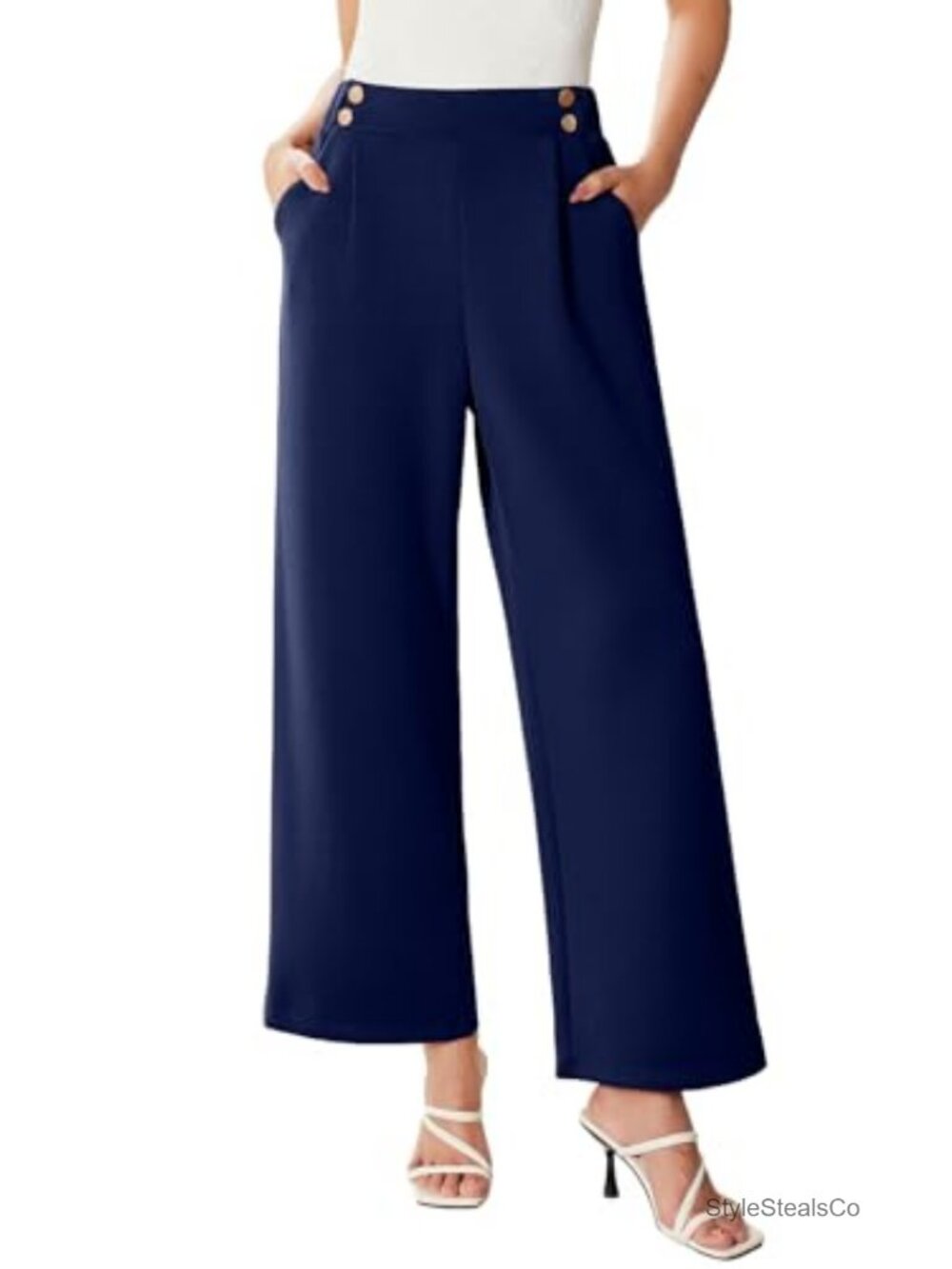 Women's Wide Leg Work Pants High Waisted Double Button Trousers with Pockets